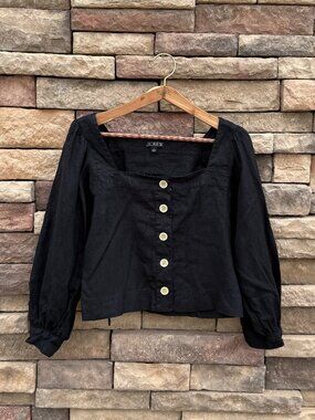 J.Crew Square Neck Linen Blouse – Puff Sleeve Button Front – Size Small / Black